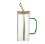 Colourful Square Glass Mug with Bamboo Lids Straw Drinking Glass