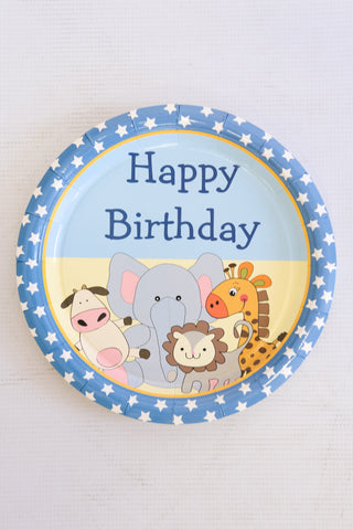 Large Party Plate Set- Blue (Animals) (Happy Birthday)