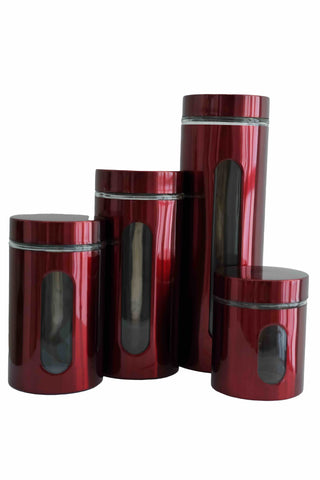 Continental Homeware 4Pc Metal Canister Set with Glass Window- Red